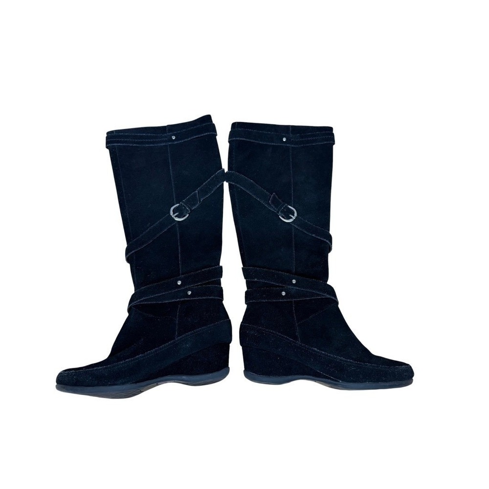 Me Too Around Blk Suede Wedge Tall Boots Womens 6.5 M Leather Side Zip Knee High